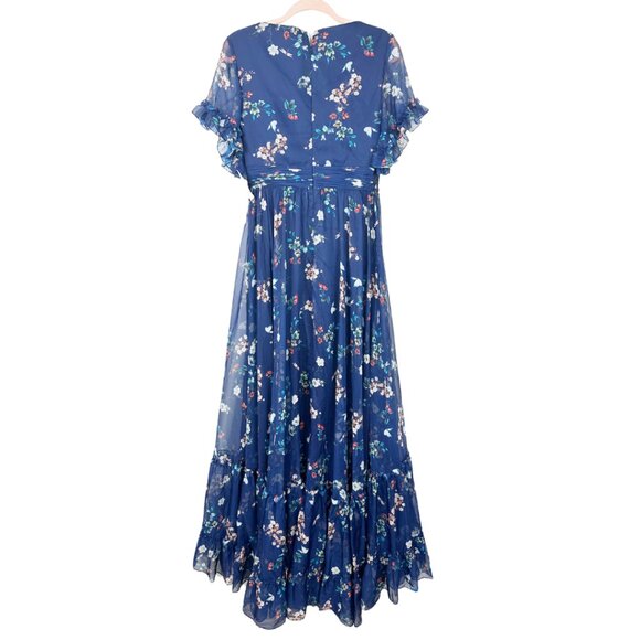 NWT Mac Duggal Flounce Sleeve Floral Maxi Dress Navy Multi 14 #8612 - Picture 5 of 8